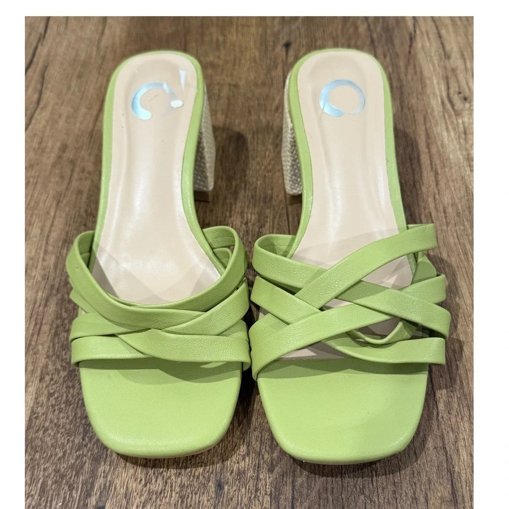 Journee Collection Moree Light Green Open‎ Square Toe Block Heel Slide Sandals 7